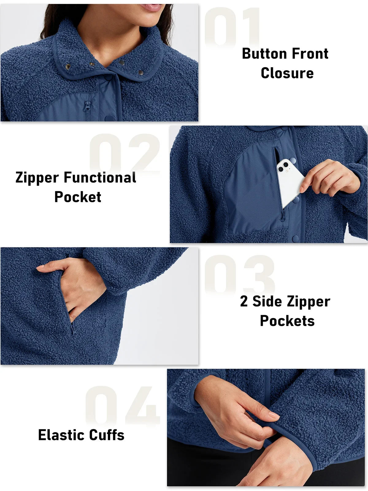 Women's Sherpa Fleece Jacket with Collar and Side Pockets
