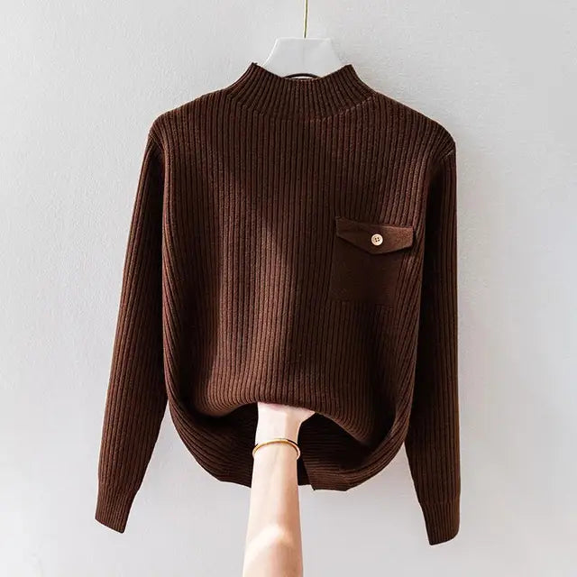 Women's Ribbed Sweater Mock Neck Button Flap Pocket