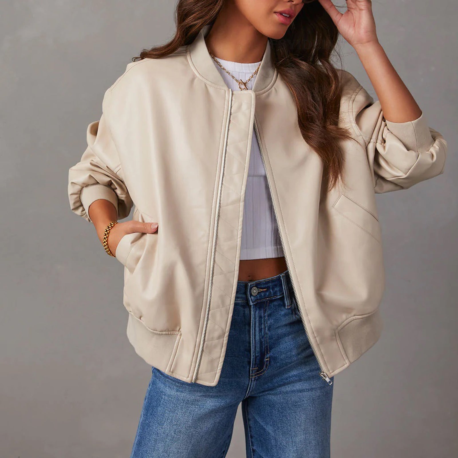 Women's Faux Leather Bomber Jacket Zip-Up Ribbed Cuffs