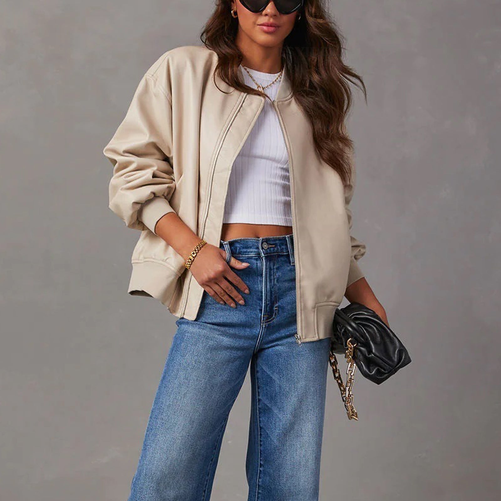 Women's Faux Leather Bomber Jacket Zip-Up Ribbed Cuffs