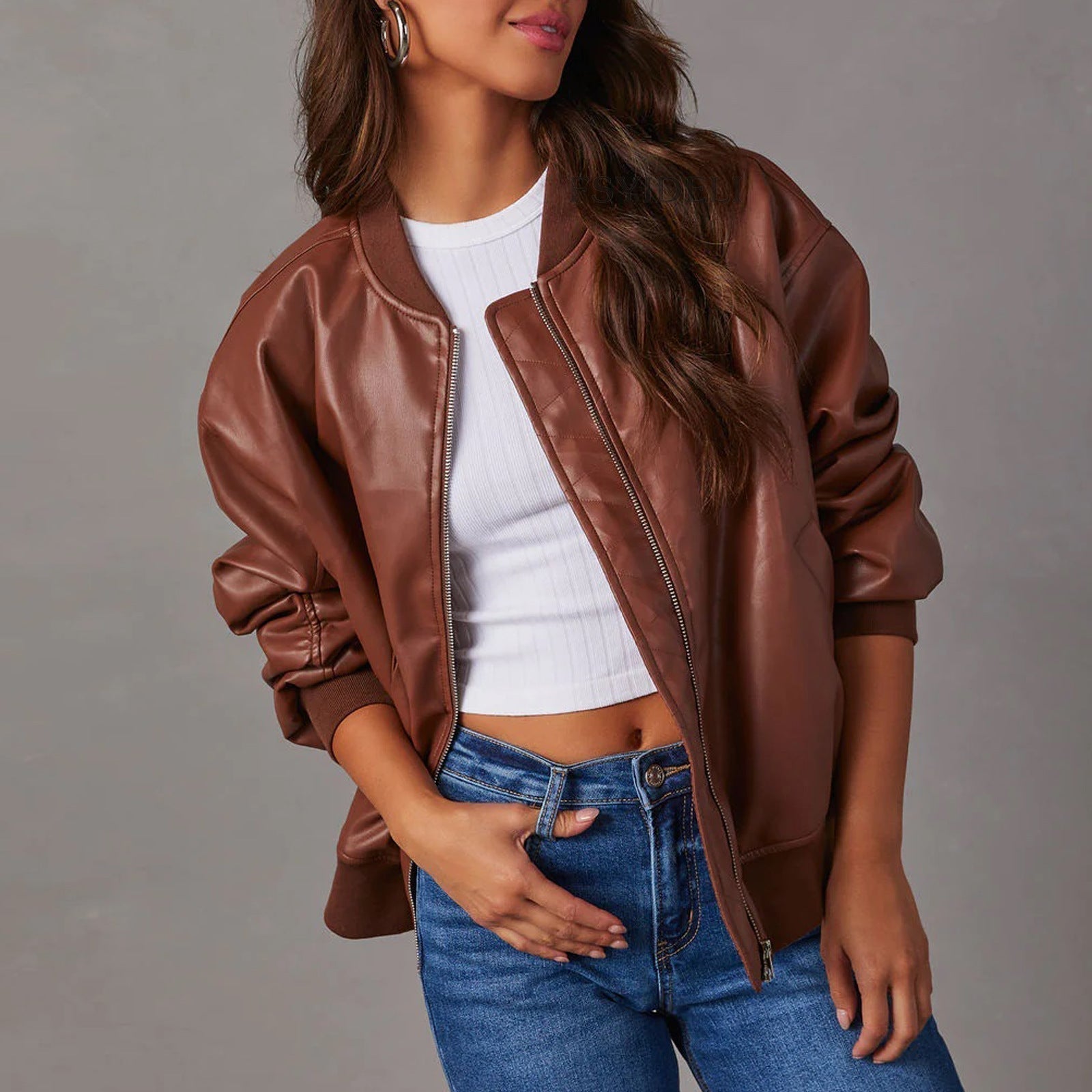 Women's Faux Leather Bomber Jacket Zip-Up Ribbed Cuffs