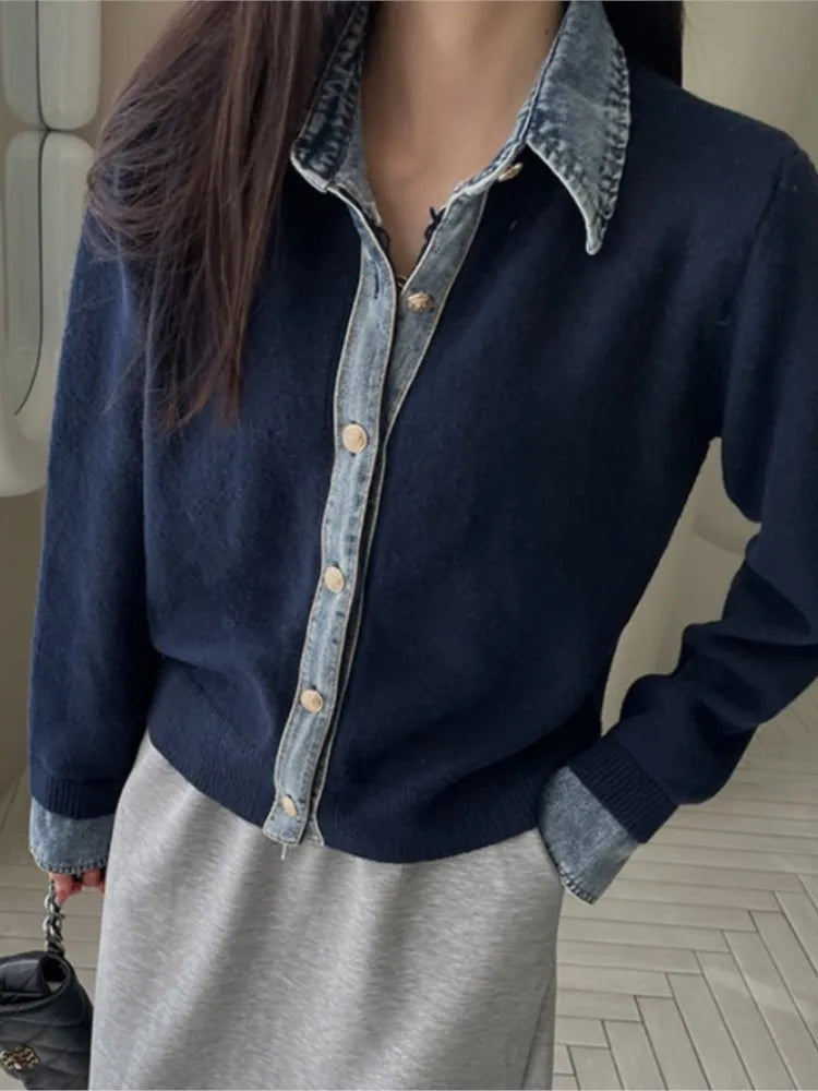Women's Knit Cardigan Denim Contrast Panels Structured Collar