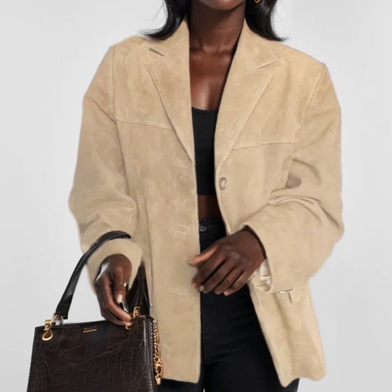 Chaqueta de ante para mujer, líneas entalladas, caída estructurada