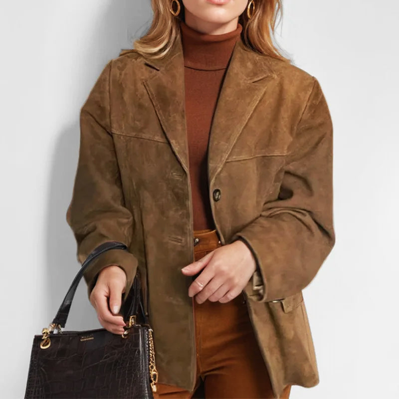 Chaqueta de ante para mujer, líneas entalladas, caída estructurada