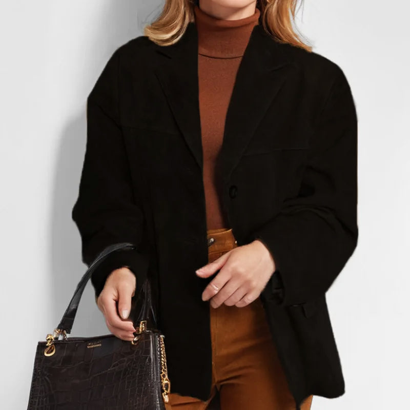 Chaqueta de ante para mujer, líneas entalladas, caída estructurada