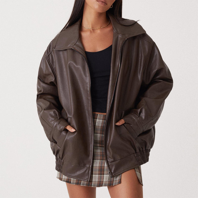 Women's Faux Leather Bomber Jacket Oversized Zip-Front