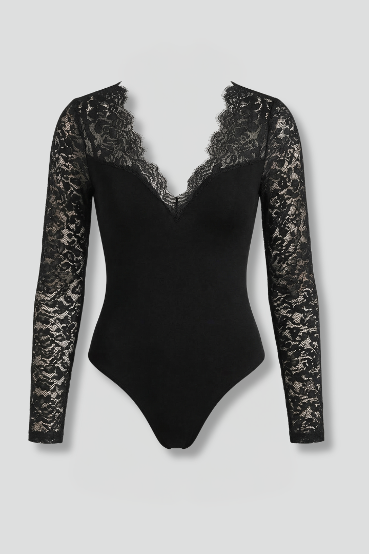 Blusa de cuello en V con mangas de encaje para mujer