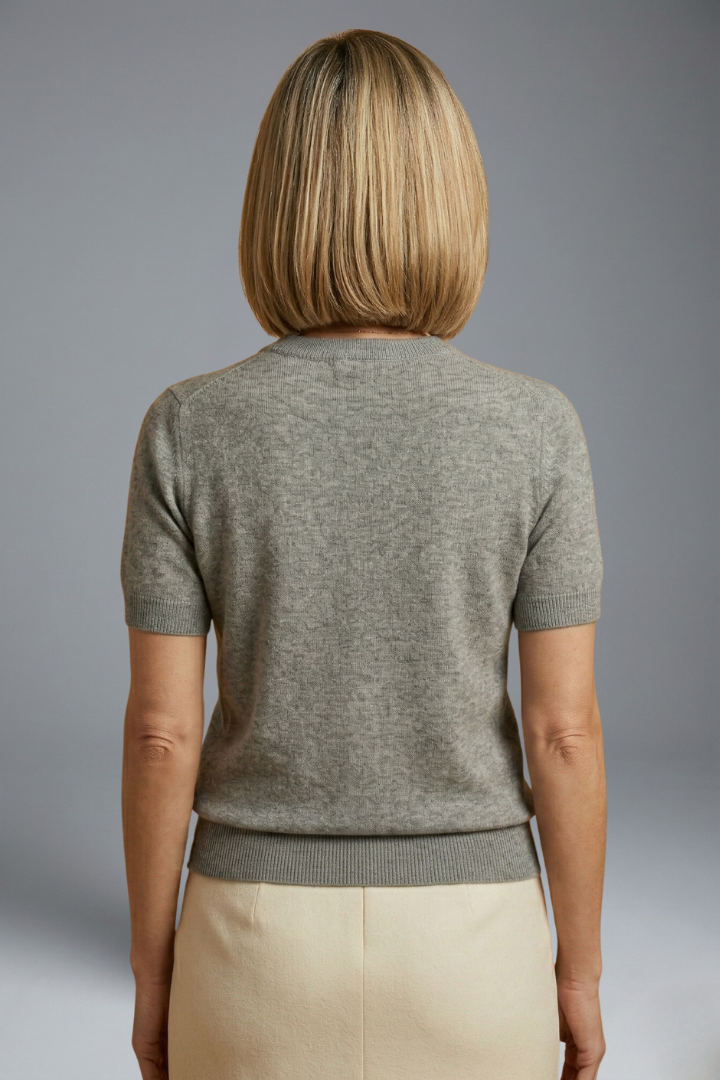 Top de punto para mujer con cuello redondo y bajo acanalado