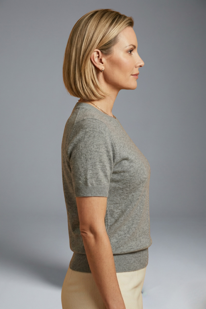 Top de punto para mujer con cuello redondo y bajo acanalado