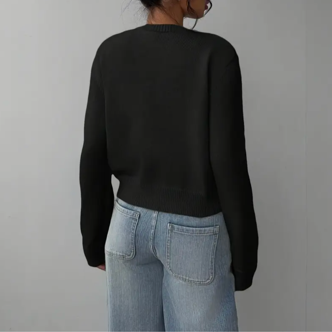 Women's Cropped Button Cardigan Round Neck Ribbed Cuffs