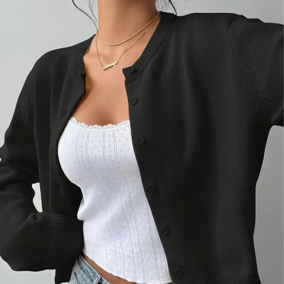 Women's Cropped Button Cardigan Round Neck Ribbed Cuffs