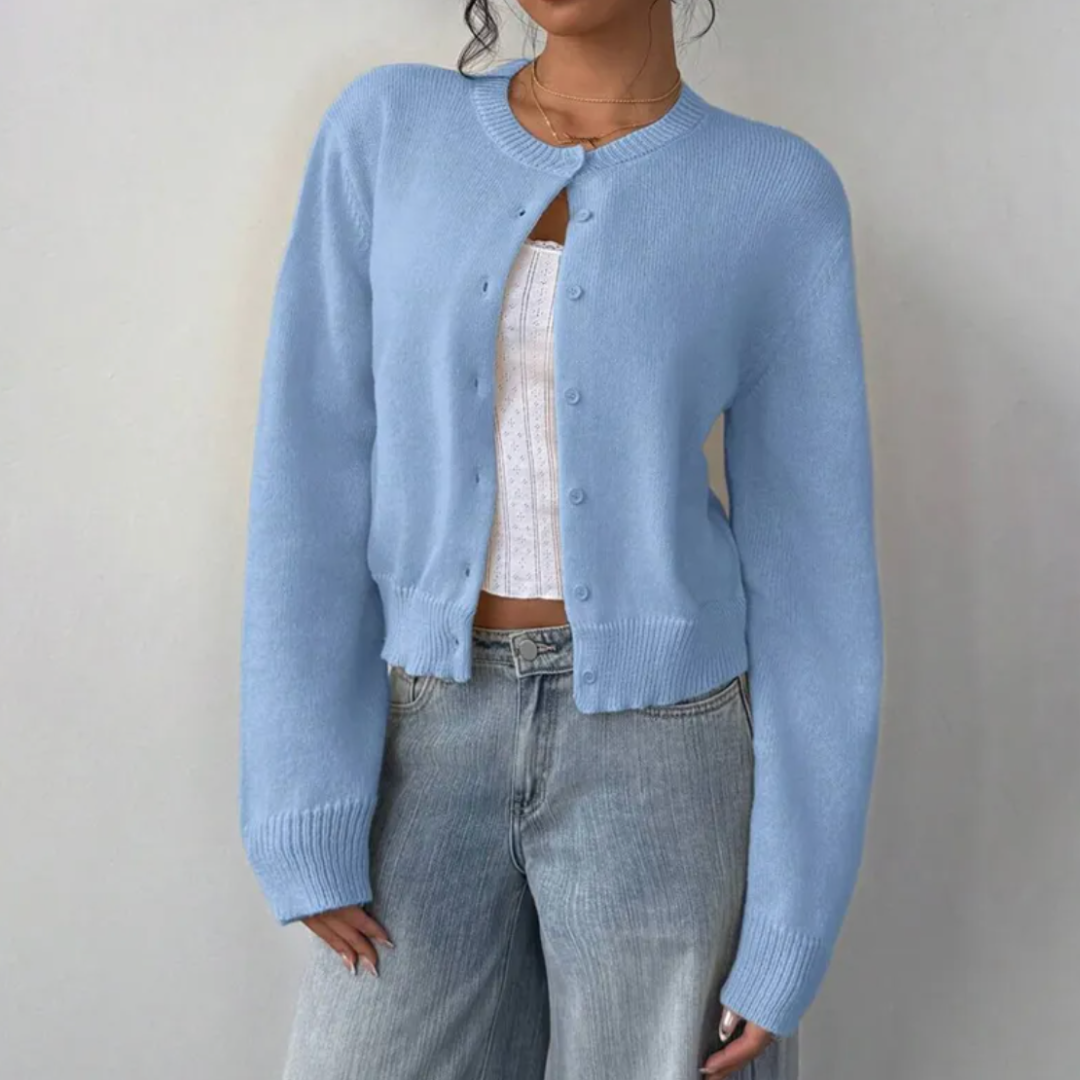 Women's Cropped Button Cardigan Round Neck Ribbed Cuffs