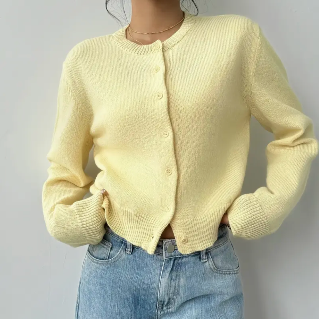 Women's Cropped Button Cardigan Round Neck Ribbed Cuffs