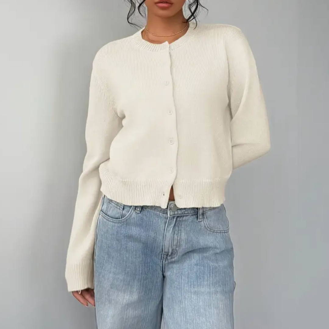 Women's Cropped Button Cardigan Round Neck Ribbed Cuffs