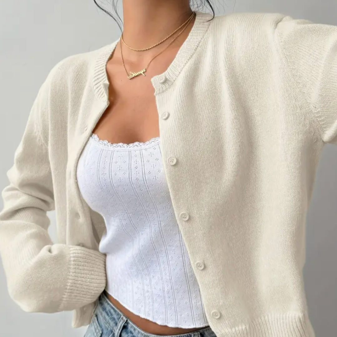 Women's Cropped Button Cardigan Round Neck Ribbed Cuffs