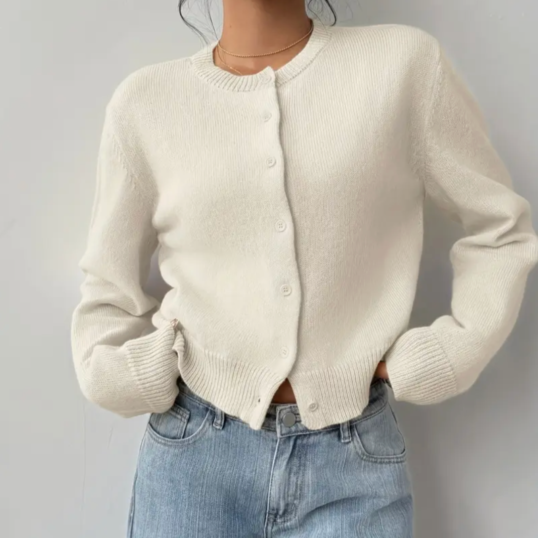 Women's Cropped Button Cardigan Round Neck Ribbed Cuffs