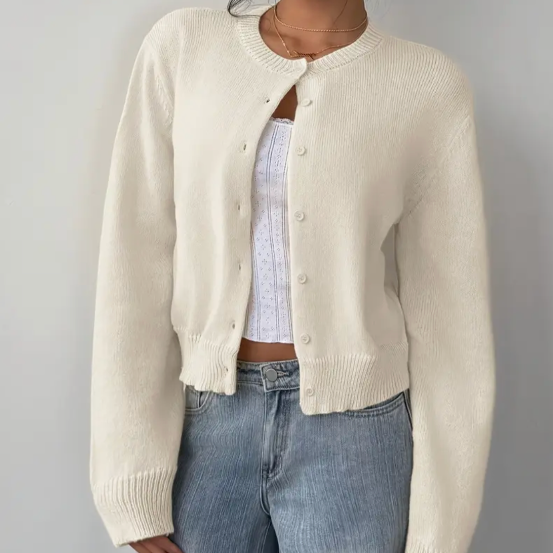 Women's Cropped Button Cardigan Round Neck Ribbed Cuffs