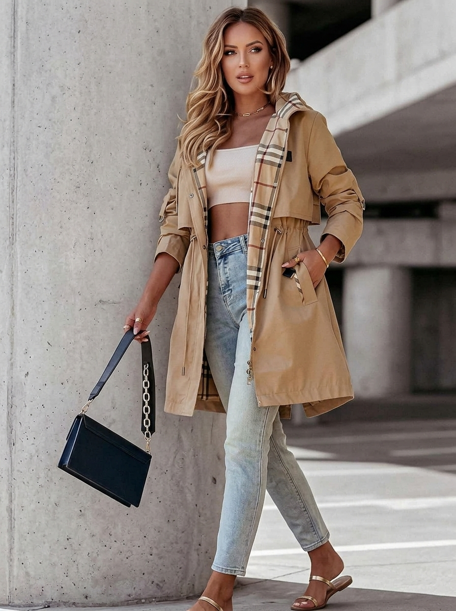 Women's Hooded Rain Trench Coat Plaid Lining Drawstring