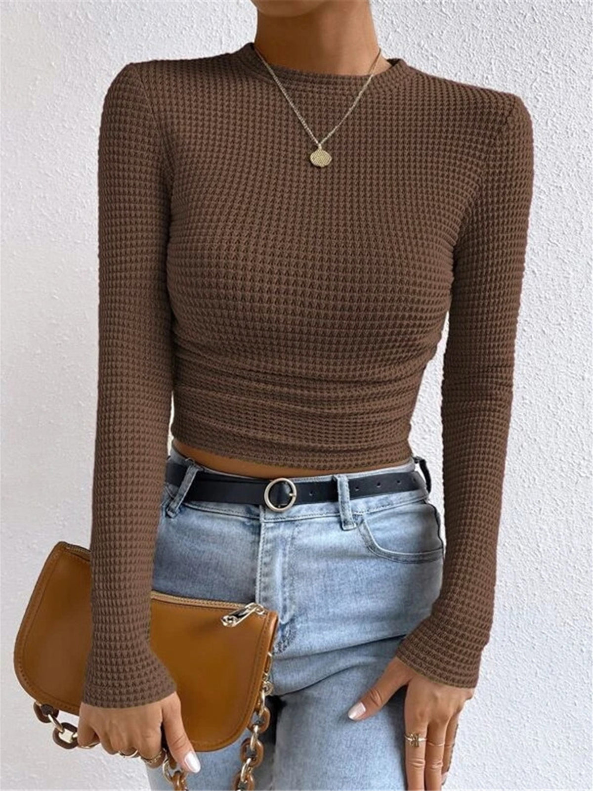 Women's Long Sleeve Waffle Knit Top with Crew Neck