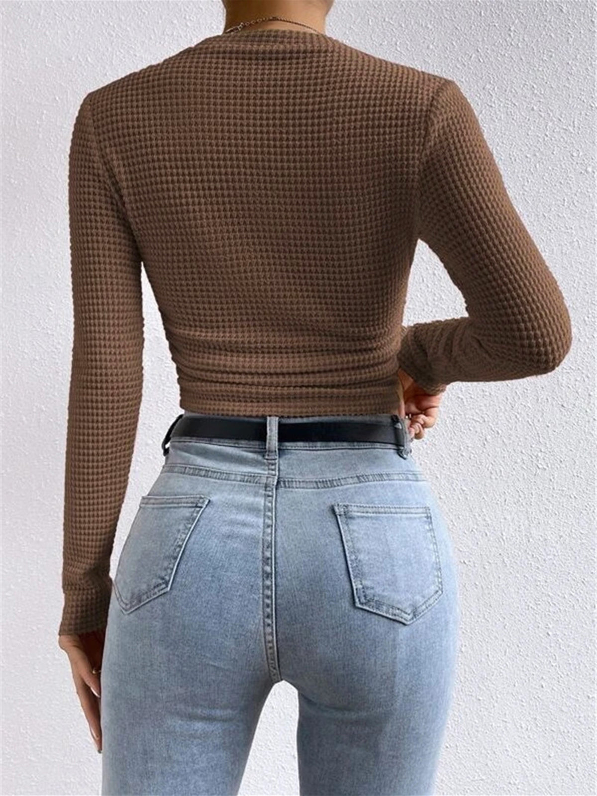 Women's Long Sleeve Waffle Knit Top with Crew Neck