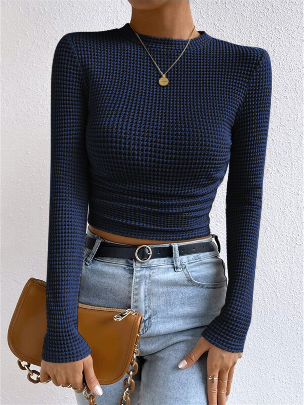 Women's Long Sleeve Waffle Knit Top with Crew Neck