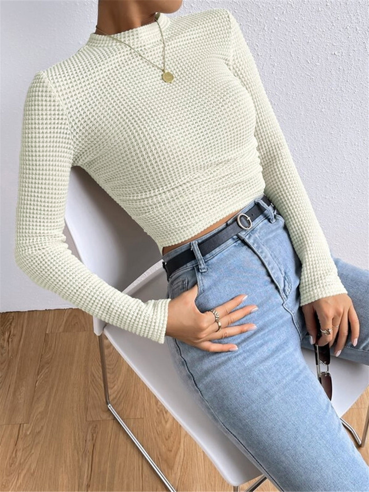 Women's Long Sleeve Waffle Knit Top with Crew Neck