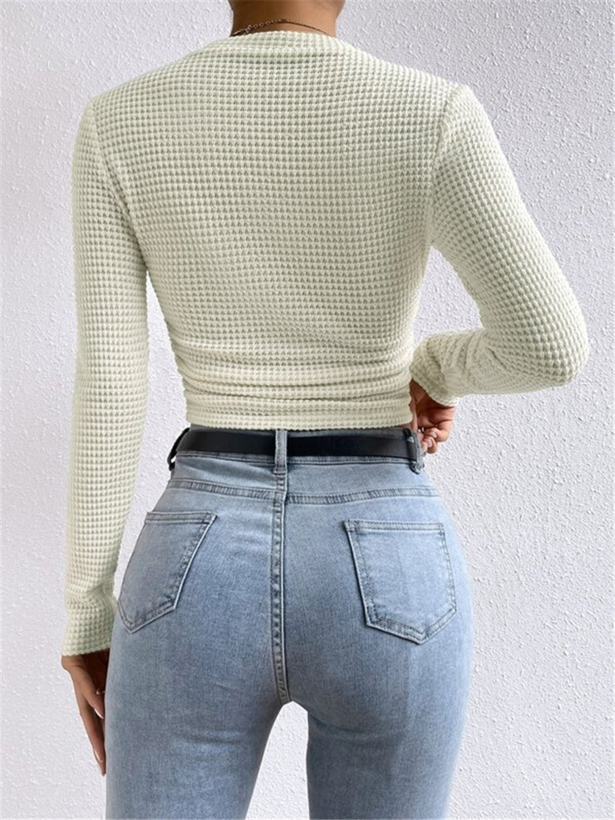 Women's Long Sleeve Waffle Knit Top with Crew Neck