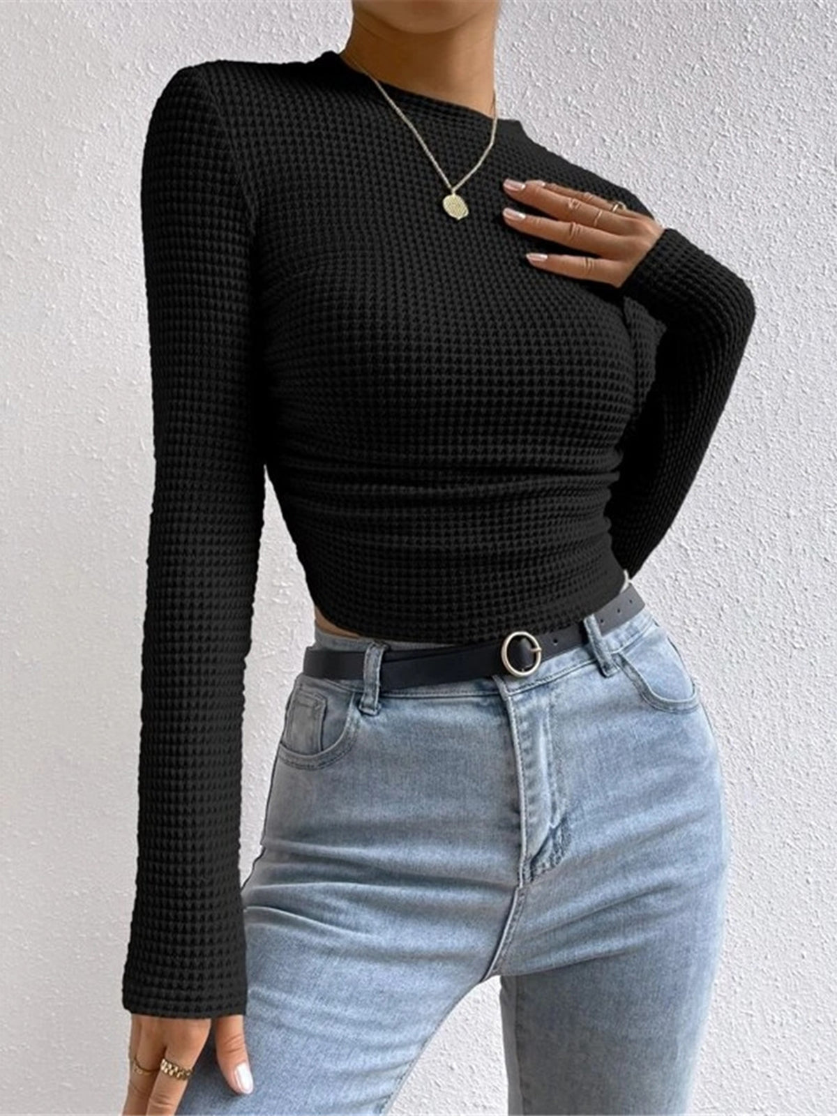 Women's Long Sleeve Waffle Knit Top with Crew Neck