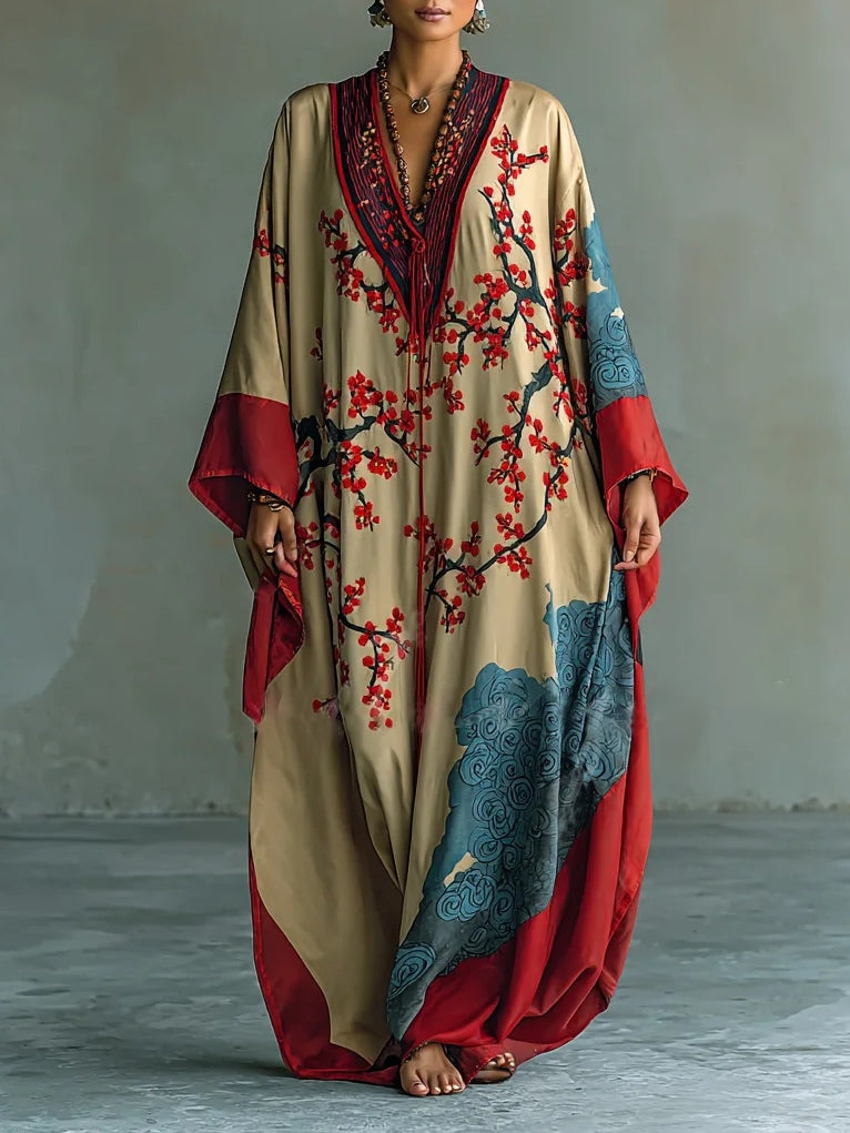 Japanisches Maxi-Kleid mit roten Pflaumenblüten, Fledermausärmeln und Print