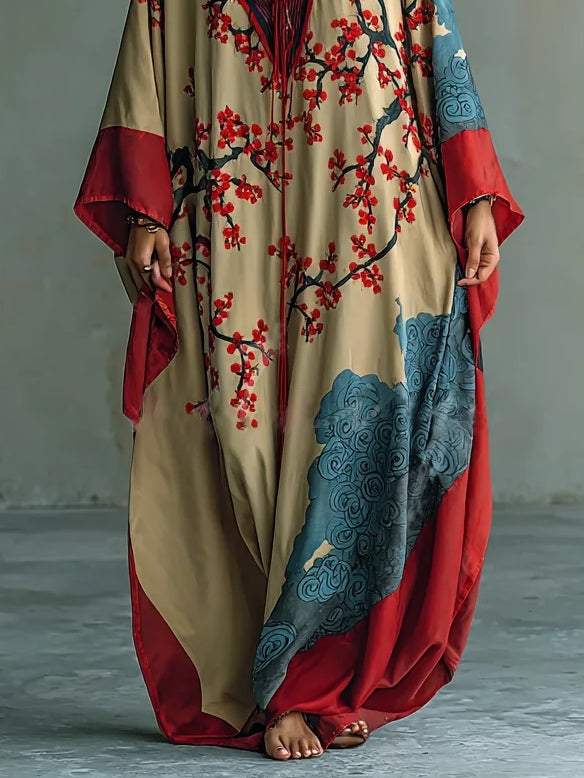 Japanisches Maxi-Kleid mit roten Pflaumenblüten, Fledermausärmeln und Print
