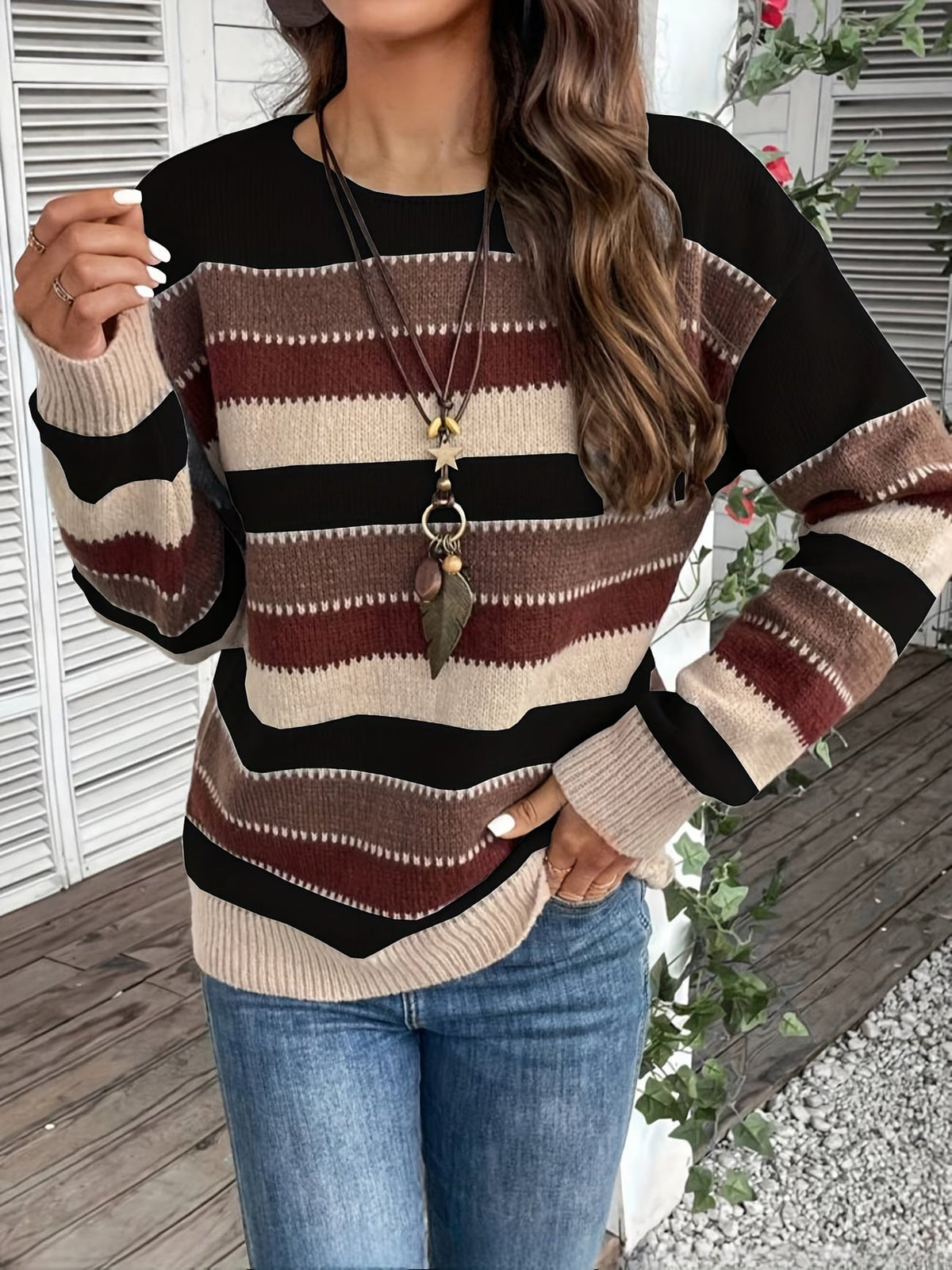 Pull en maille rayé pour femme à col rond