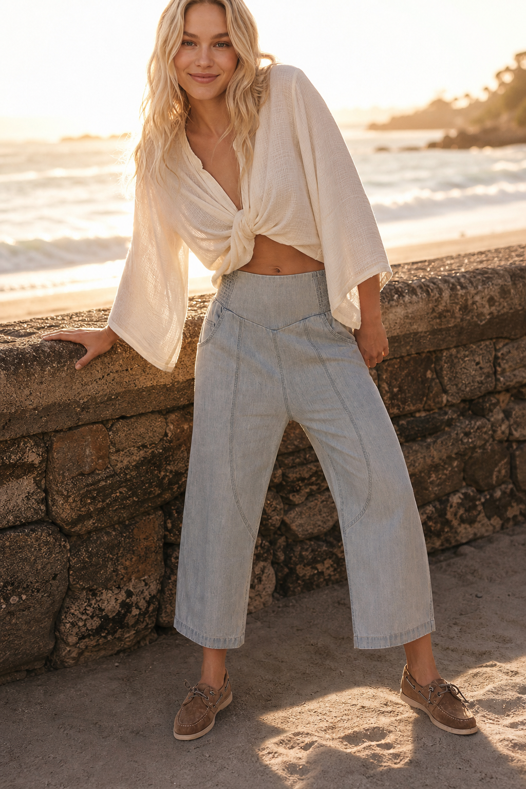 Women's Wide-Leg Denim Pants Curved Seam Stretch Waist
