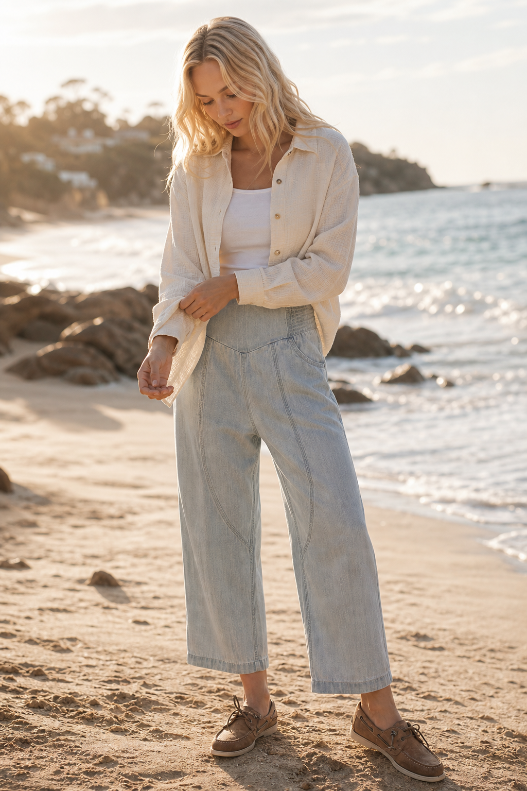 Women's Wide-Leg Denim Pants Curved Seam Stretch Waist