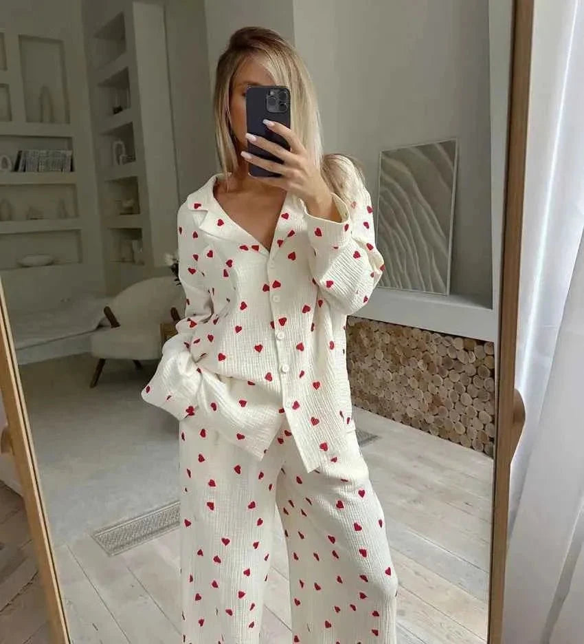 Women's Two-Piece Pyjama Set Heart Print Wide-Leg