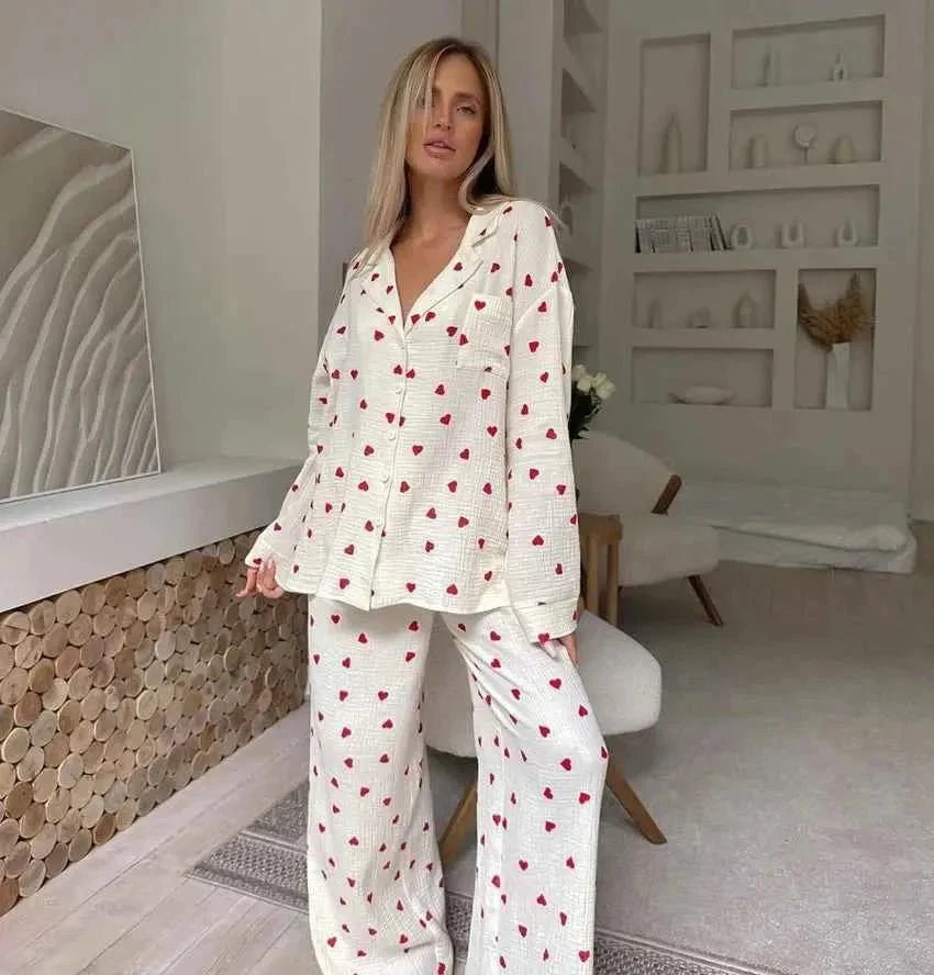 Women's Two-Piece Pyjama Set Heart Print Wide-Leg