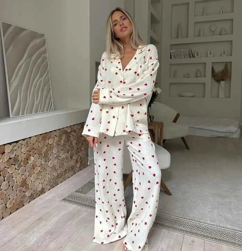 Women's Two-Piece Pyjama Set Heart Print Wide-Leg
