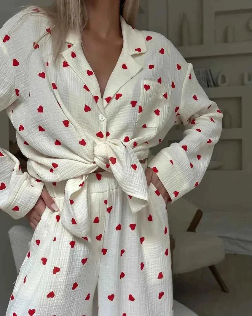 Women's Two-Piece Pyjama Set Heart Print Wide-Leg