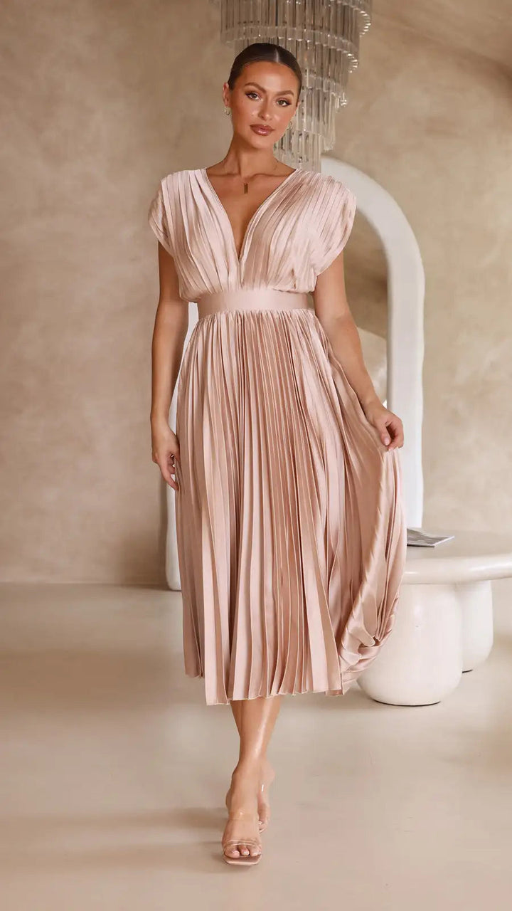 AISHA - Pleated Plunge Midi Dress