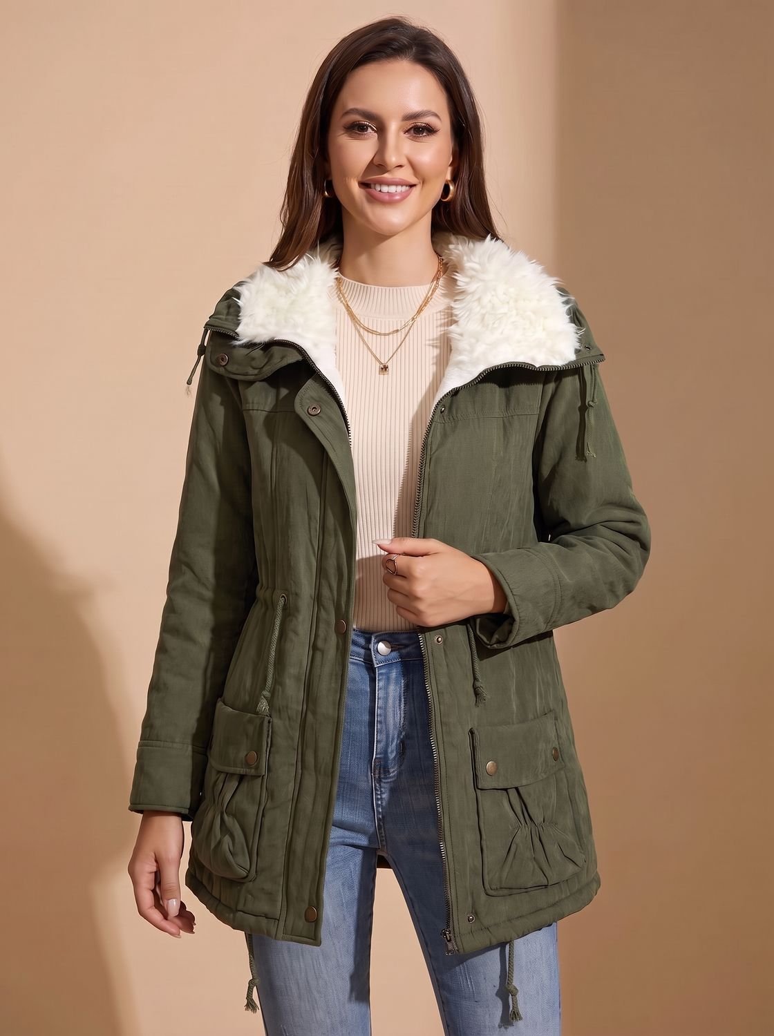 Parka da donna di media lunghezza con collo in pelliccia sintetica