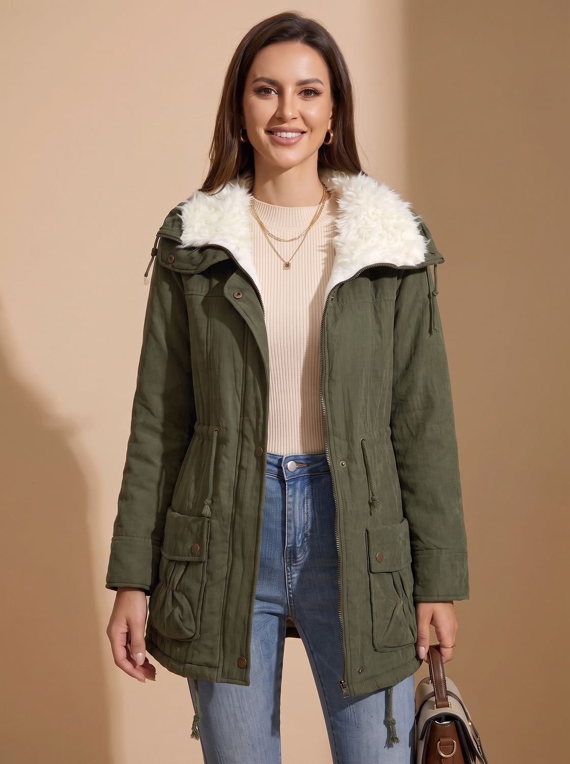Parka da donna di media lunghezza con collo in pelliccia sintetica