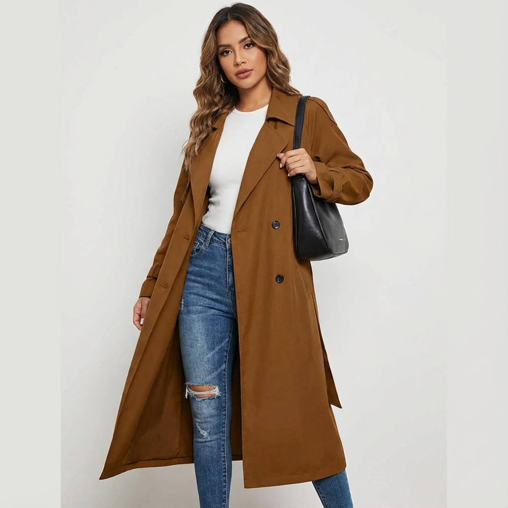 Trench lungo casual da donna con abbottonatura frontale