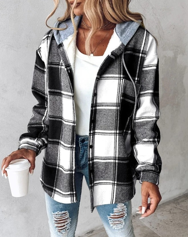 Women's Plaid Hooded Jacket Soft Lining Warm