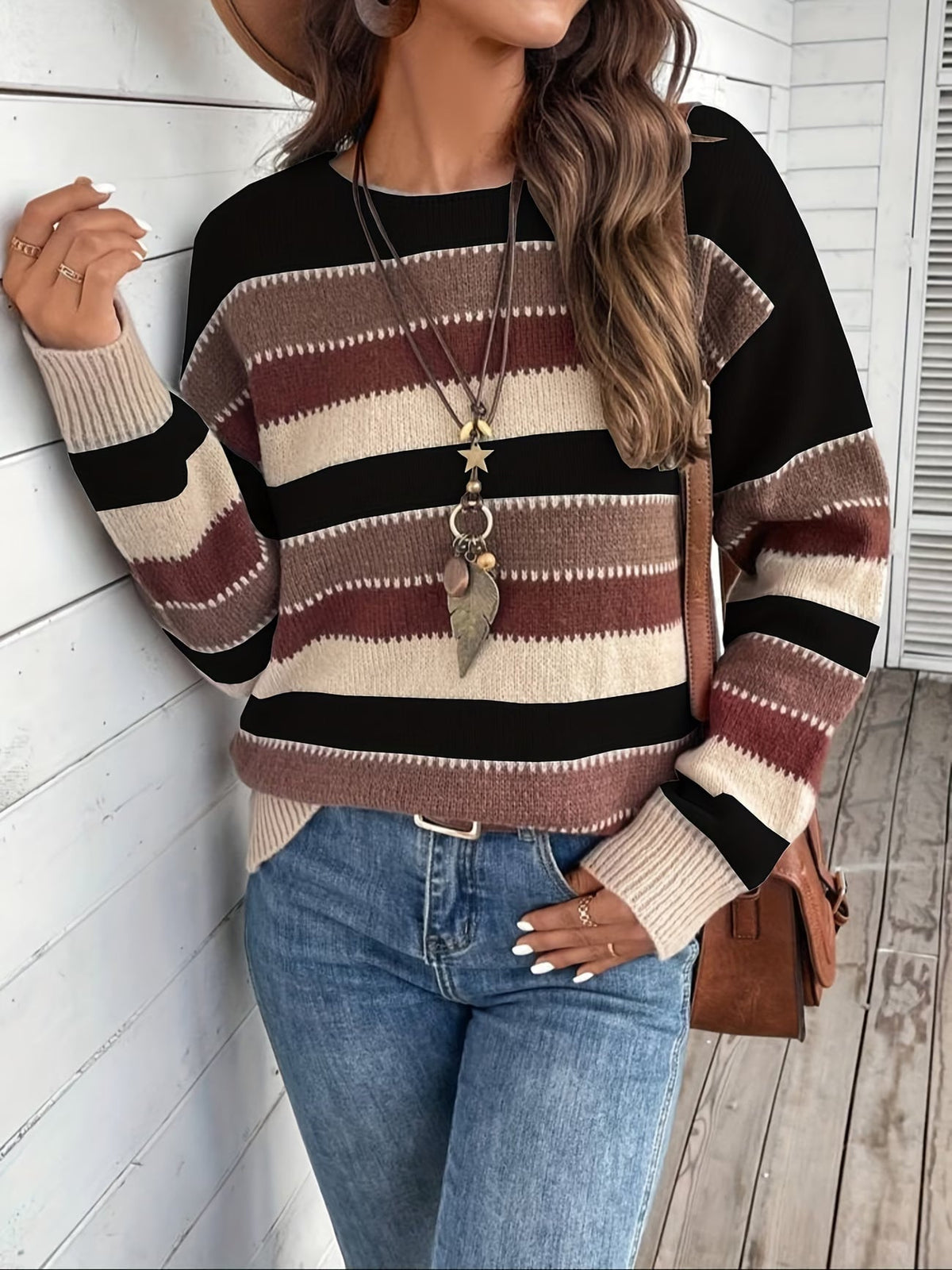 Pull en maille rayé pour femme à col rond