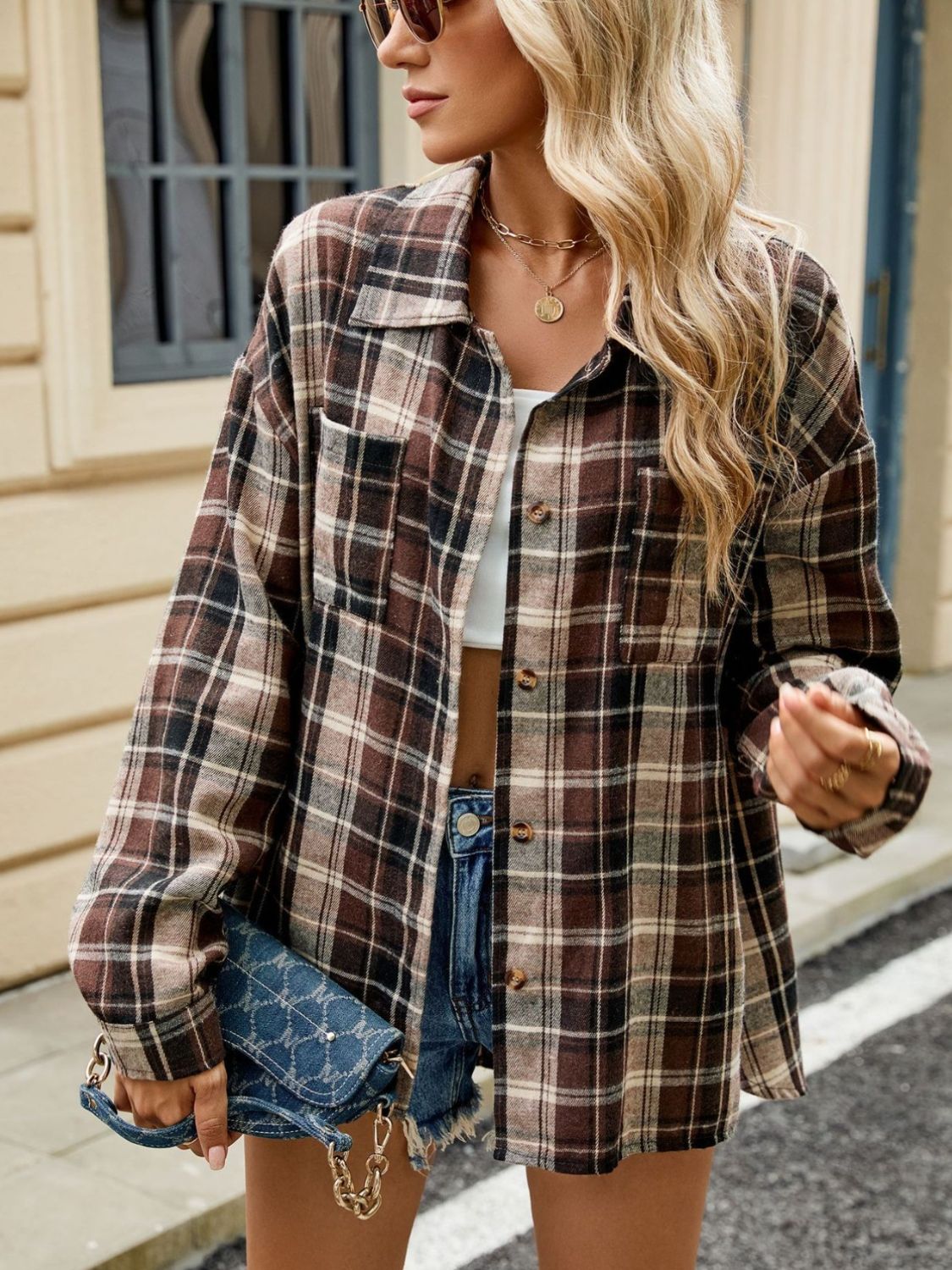 Women's Check Blouse Structured Collar Long Sleeve