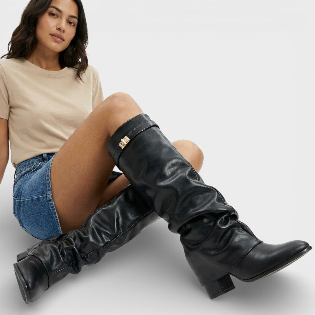 Women's Tall Pointed Toe Boots Ruched Low Heel Buckle