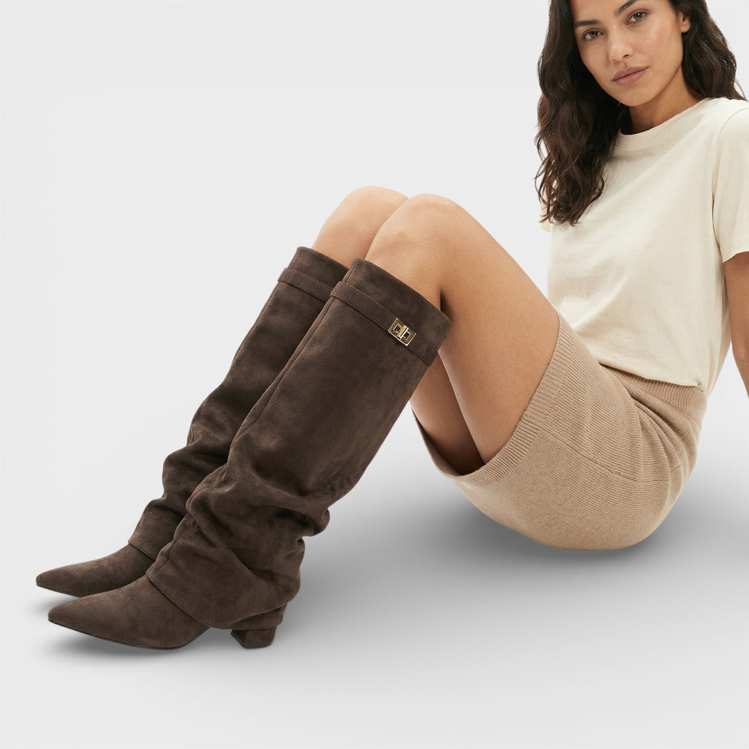 Women's Tall Pointed Toe Boots Ruched Low Heel Buckle