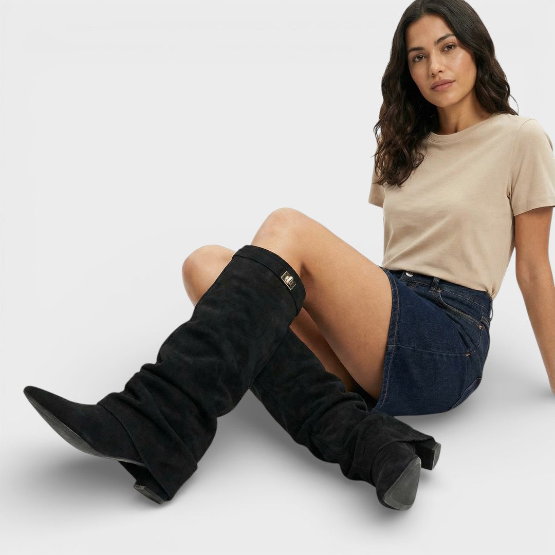 Women's Tall Pointed Toe Boots Ruched Low Heel Buckle