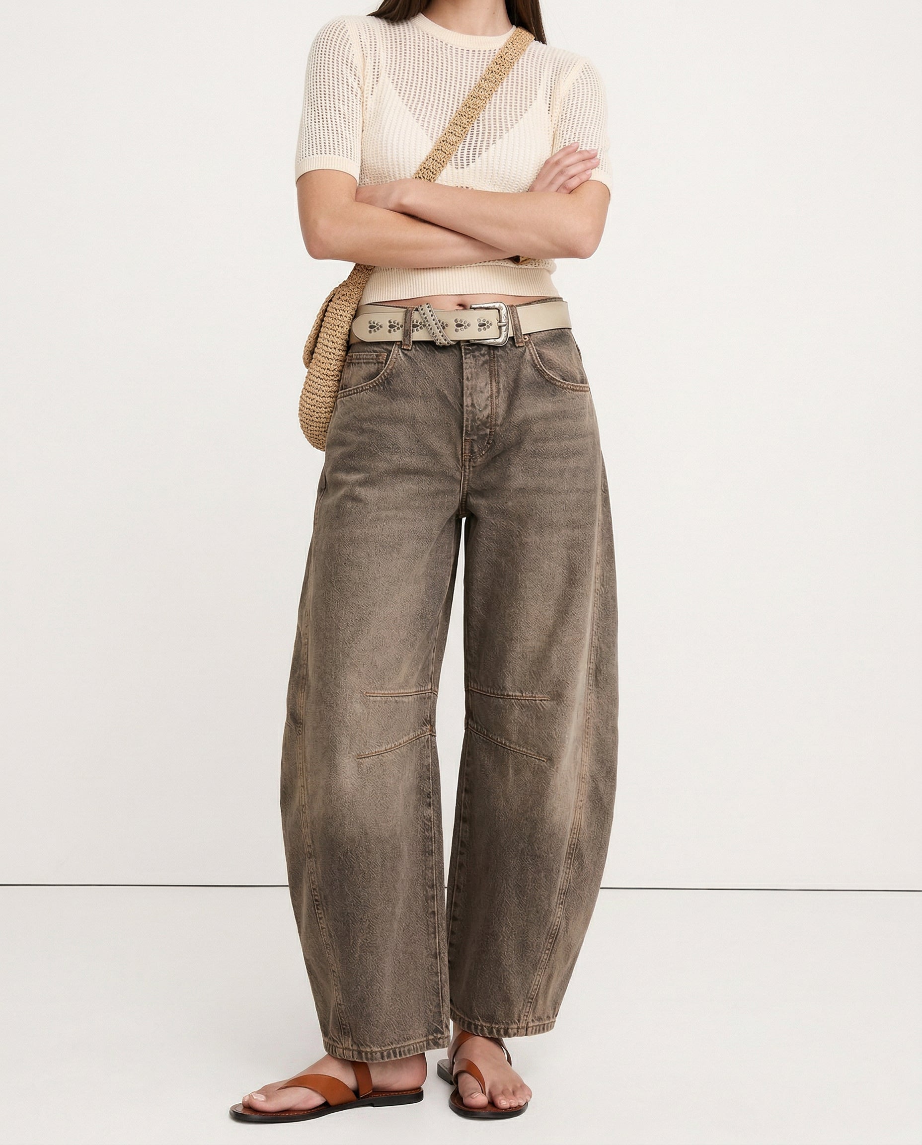 Women's Barrel-Leg Jeans Mid-Rise Wide Ankle-Length