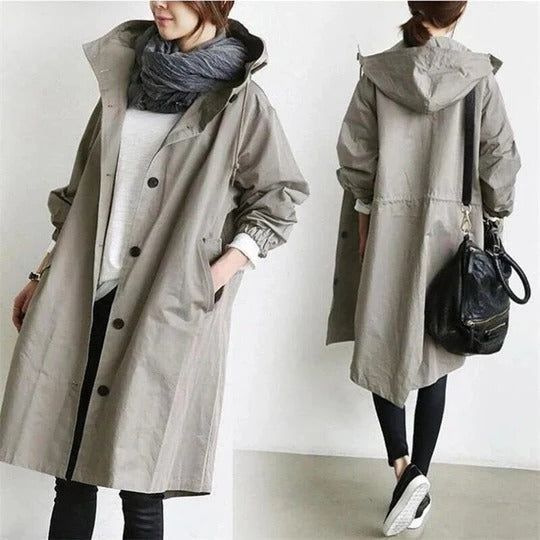 Gabardina con capucha de mujer, corte elegante de cobertura total