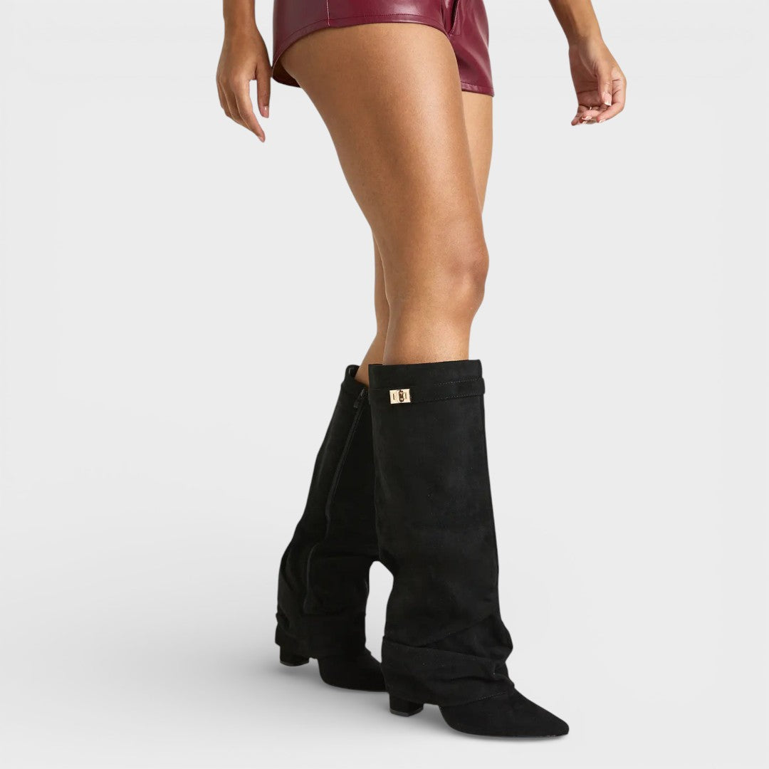 Women's Tall Pointed Toe Boots Ruched Low Heel Buckle